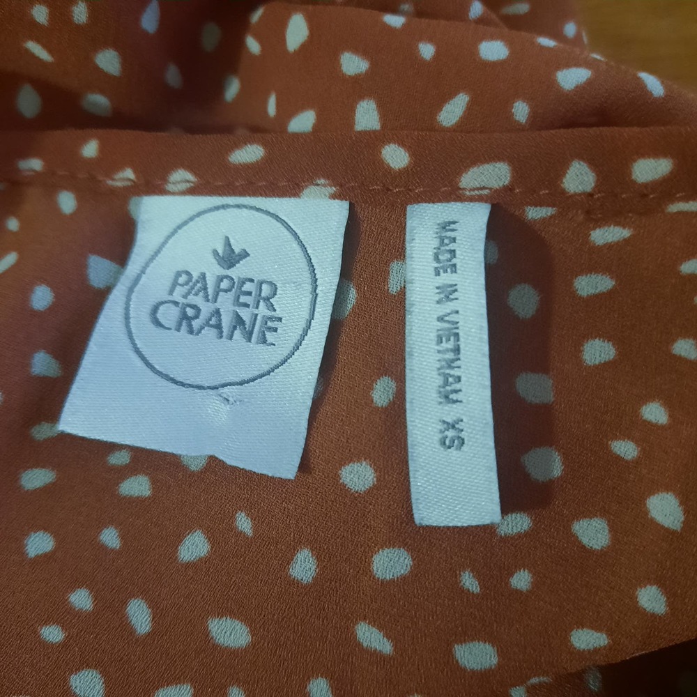 Paper Crane Smocked Band Top Shirring Puff Sleeves Burnt Orange Dot Print  XS - Picture 6 of 9